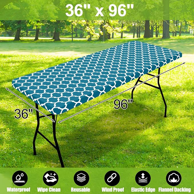 Smiry Picnic Fitted Table Cover, 8 Foot Flannel Backed Vinyl Tablecloth | Waterproof Elastic Stretch Table Cloth, Wipeable Plastic Tablecloth for Camping, Indoor & Outdoor (Turquoise, 36" x 96")