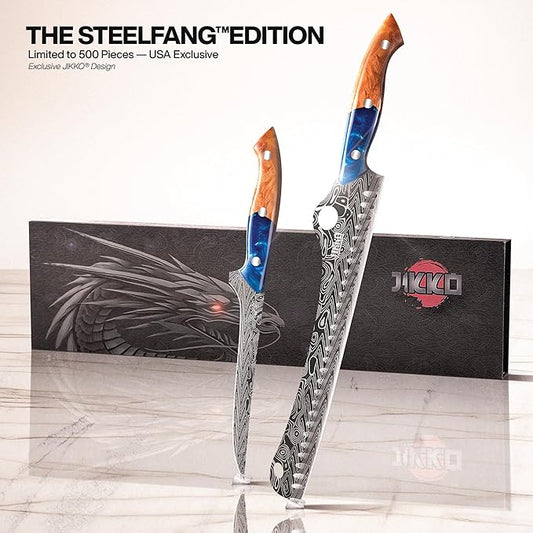 Jikko® SteelFang Edition – Japanese Brisket & Fillet Knife Set with Olive Wood & Blue Epoxy Resin Handles | Premium Butcher & Carving Knives for Meat, BBQ & Fish – Ultra Sharp Stainless Steel Blades
