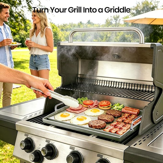 23x16 Inch Griddle for Gas Grill Reinforced Bottom Anti Warp Detachable Handle Grease Groove Stainless Steel Flat Top for Pellet Grill and Stove Outdoor Indoor Cooking