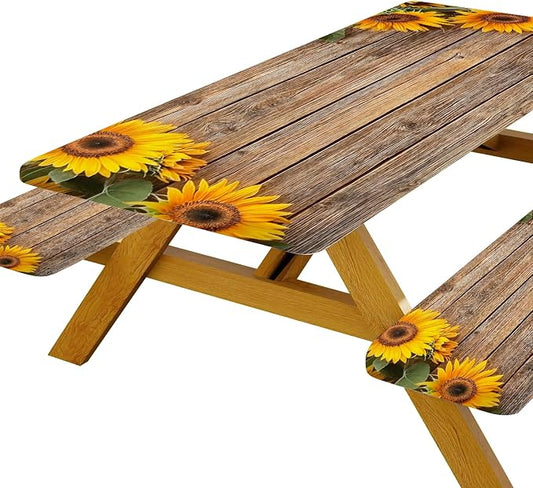 Sunflower Picnic Table Cover with Bench Covers, Waterproof Windproof, Camping Essentials, Fitted Tablecloth Cover with Elastic Edge, for Indoor & Outdoor, Garden, Camping, 3 Pieces Set, 30x60 Inch