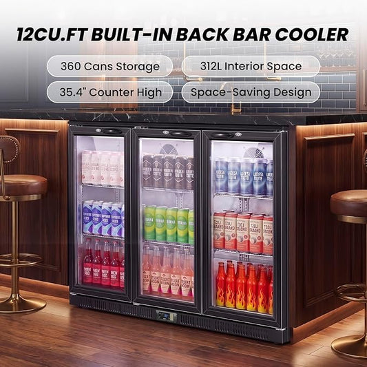 53.15" W Commercial Under Counter Beverage Refrigerator, 3 Glass Door Back Bar Cooler, Built-in/Freestanding 12Cuft Drink Fridge with LED Light, Auto Defrost, Low-E Glass & Safety Lock, Rebound door