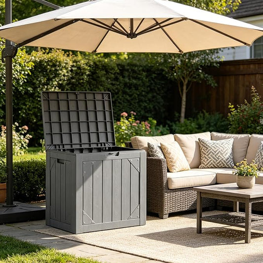 31 Gallon Outdoor Deck Box 4 Pack, Waterproof Resin Patio Storage Boxes with Lockable Lid, Small Outdoor Storage for Cushions, Accessories, Garden Tools, Indoor Outdoor Organizer, Gray