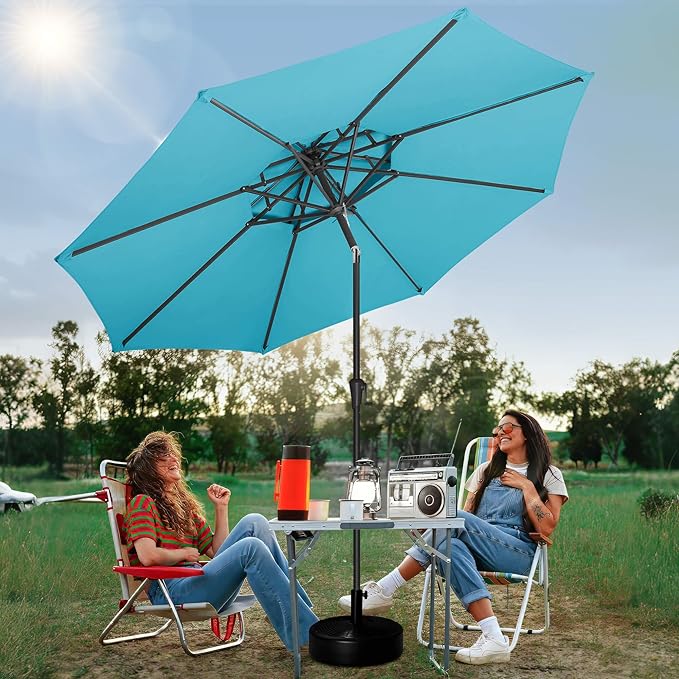 FLAME&SHADE 2 Tiers 9ft Solar Light Patio Umbrella, 40 LED lights outdoor umbrella with Centre Surround Light, Table Market Umbrella for Deck, Pool, Porch, Backyard, Garden (Aqua Blue)
