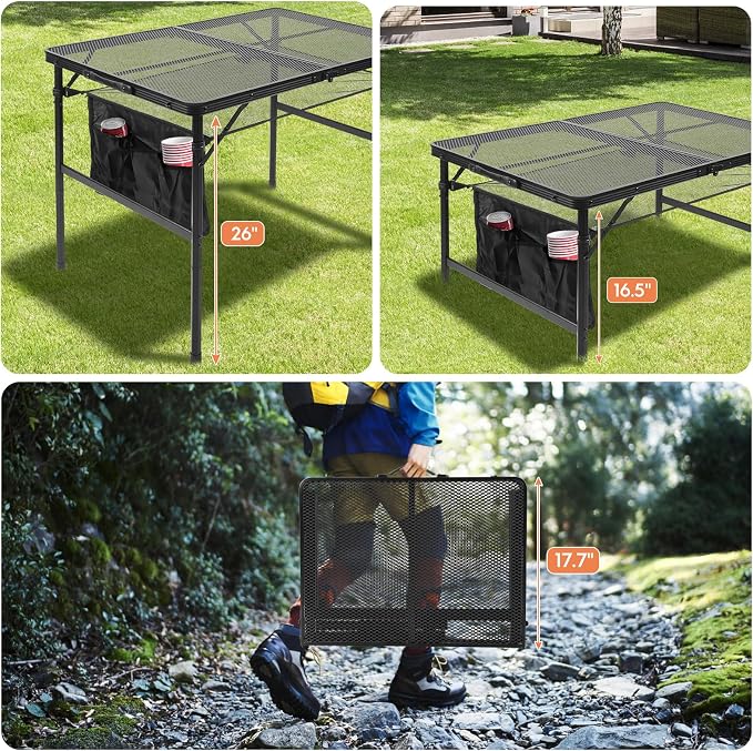 Folding Matel Grill Table, 3x2 FT Portable Camping Table | Lightweight Height Adjustable Metal Picnic Outdoor Table with Mesh Desktop and Mesh Bag, Beach and BBQ, Party