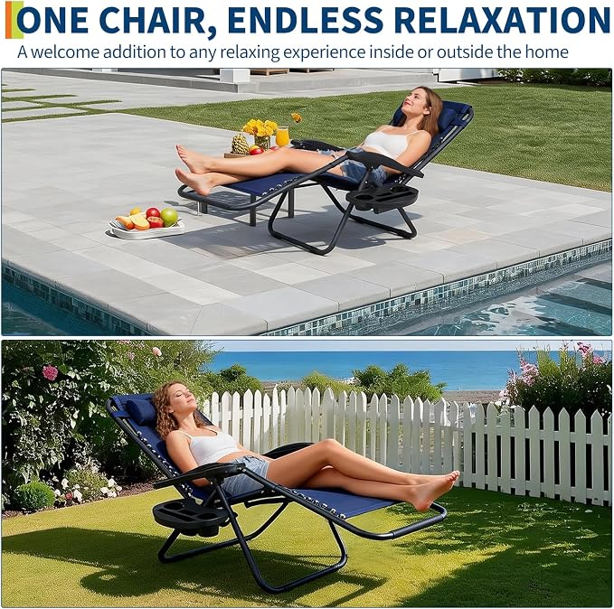 Garvee Outdoor Reclining Lounge Chair Set of 2 with Cup Holder & Padded Headrest, Adjustable Patio Folding Chairs, Heavy Duty Portable Camping Lawn Chairs for Pool, Backyard, Beach, Deck Blue