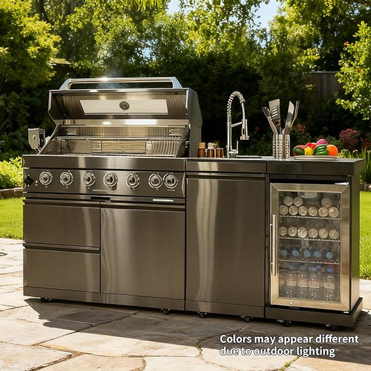 82" Natural Gas Outdoor Kitchen Island - 43-Inch 6-Burner 85,000 BTU Deluxe Stainless Steel Grill Wine Cooler Compact Refrigerator Rotisserie Granite Countertops/Sink,Black