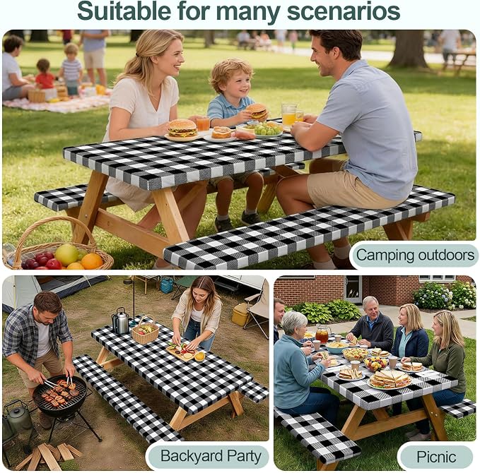 Picnic Table Cover with Bench Covers Camping Essentials Waterproof Windproof Camping Tablecloth with Drawstring Bag, Fitted Rectangle Tables and Seats, 96in, White Black Checkered