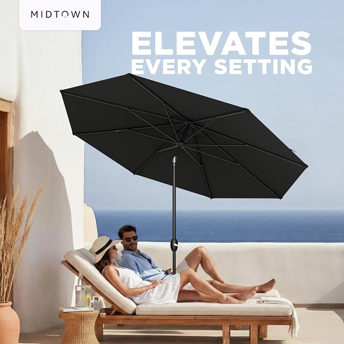 Midtown Umbrellas – The Lean 10 Ft Patio Umbrella with 10-Year-No-Fade Acrylast Acrylic Fabric, Auto-Tilt and 8 Reinforced Ribs for Deck, Pool, Garden, Hotel & Cafes – Eclipse Canopy, Black Pole