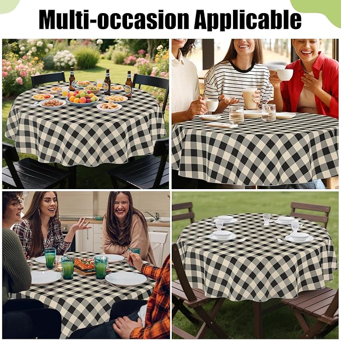 Smiry Oval Table Cloth, Vinyl Tablecloths with Flannel Backing, 60"x84" | Waterproof Picnic Table Cloth, Wipeable Buffalo Plaid Table Cover for Indoor and Outdoor (Black & Beige)