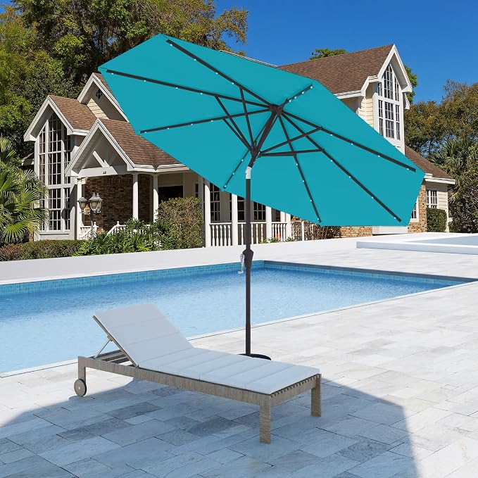 9FT Patio Umbrella with Solar Lights,Outdoor Market Umbrella with Tilt and Crank, LED Lighted Table Umbrella for Garden,Deck,Backyard,Pool,Beach (Light Blue)
