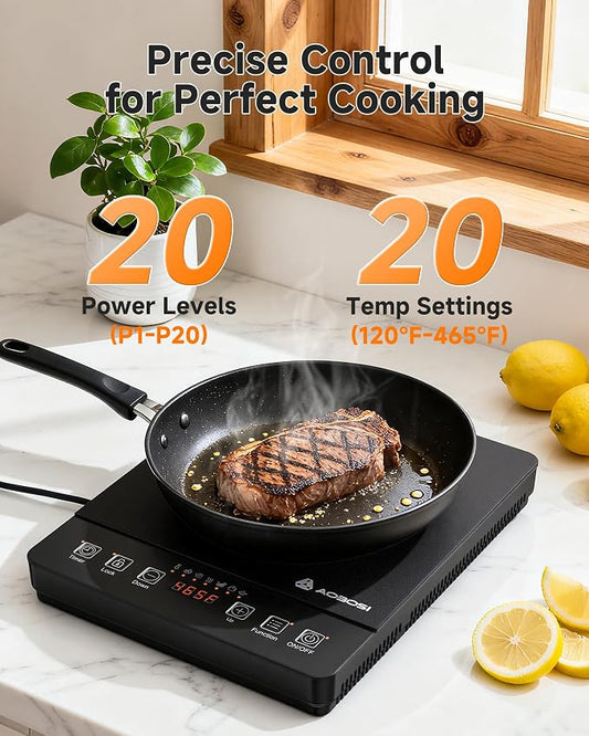 Portable Induction Cooktop 20 Temperature & Power Levels,1800W Single Burner Electric Cooktop with 6.8 inch Heating Coil, Hot Plate with Timer