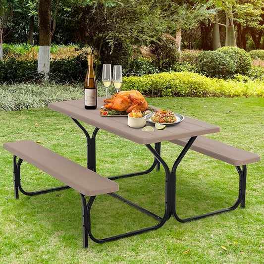 GYMAX Picnic Table, Picnic Bench Easy to Assemble w/All Weather Wood Grain Tabletop & Metal Frame, Picnic Tables for Outdoors Camping Backyard Deck Patio Poolside Dining Party