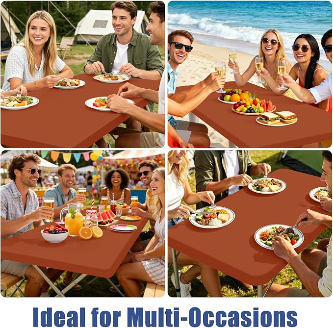 Moosfor 2 Pack Rectangle Spandex Fitted Table Cloth, 8FT Elastic Tablecloth | Washable Picnic Table Cover, Stretch Waterproof Table cloths for Party, Patio, Dining, Kitchen, 30" x 96", Terracotta