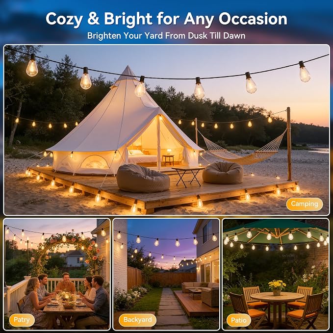 Ollny S11 30FT Solar String Lights Outdoor Waterproof Dimmable for Backyard | Patio Lights with Remote & Timer & 3 Lighting Modes, Shatterproof Edison Bulbs, String Lights for Outside Party Décor