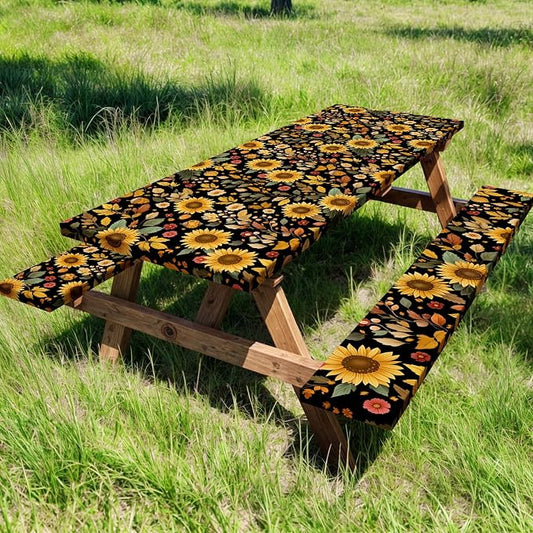 Picnic Table Cover with Bench Covers, Camping Essentials, Sunflower Flower Leaves Waterproof Windproof Patio Table Cover, Fitted Tablecloth Cover with Elastic Edge for Indoor Outdoor 3 PCS 30x96 Inch
