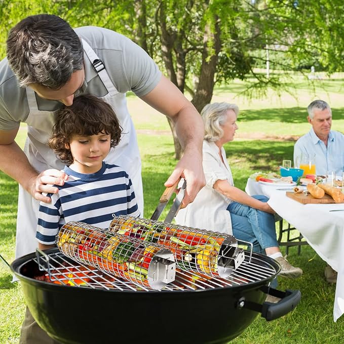 Rolling Grill Basket, SUS304 Stainless Steel, Removable Wooden Handle, Round Cylinder BBQ Grilling Basket, Outdoor Cooking Griller, Smoker Accessories for Vegetable, Gifts for Men Dad