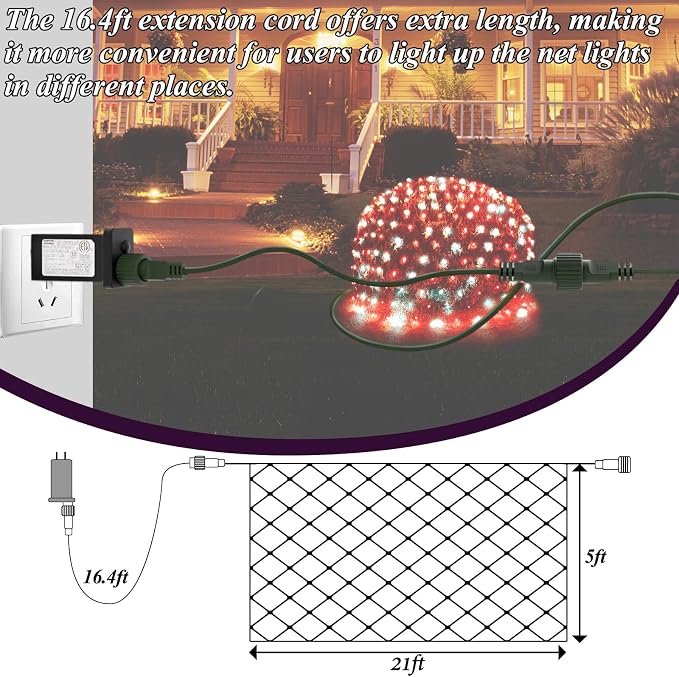 Lovelite Red White Net Lights Christmas Decorations, 21ft x 5ft 360LED Mesh Lights Outdoor Green Wire 8 Modes Timer, Waterproof Connectable String Lights for Bushes Xmas Tree Garden Holiday Party