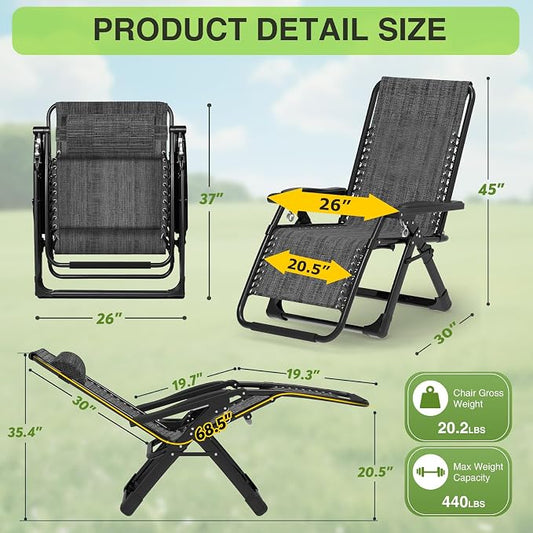 Suteck Zero Gravity Chairs Set of 2, Reclining Camping Chair with Cushion | Anti Gravity Recliner Lounge Chair with Aluminum Alloy Lock & Cup Holder, 90-170° Adjustable, for Lawn Patio Indoor