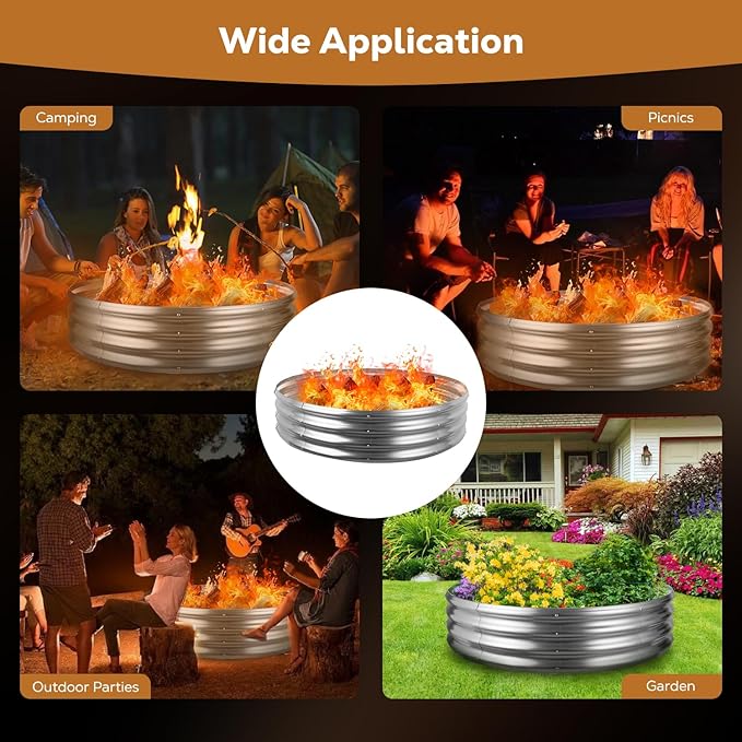 Raynesys 48 Inch Round Galvanized Fire Pit Ring, Silver Round Galvanized Fire Ring, 4 Feet Diameter Fire Pit, Outdoor Pits for Backyard, Camping, Bonfire