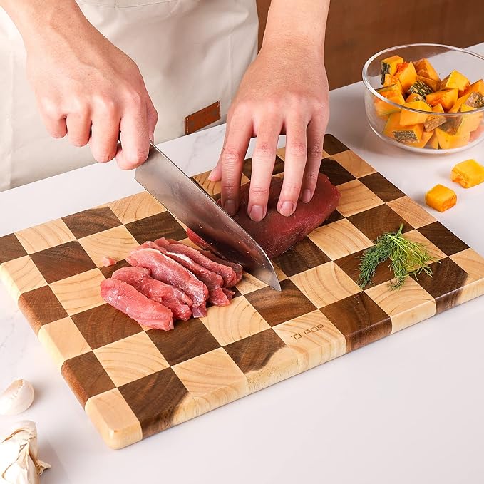 TJ POP End Grain Cutting Board - Heavy Duty Acacia/Rubber Wood For Kitchen, Flippable Serving Board For Meat, Bread & Fruits, Rectangle, 14.5 x 10 x 0.8 Inch
