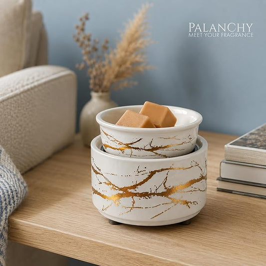 PALANCHY Wax Melt Warmer Ceramic 3-in-1 Oil Burner Electric Candle Wax Warmer Burner Melter Fragrance Warmer for Scented Waxs Home Office Bedroom Aromatherapy Gift & Decor | White Gold Wax Melter Aromatherapy Gift & Decor Home Office Bedroom. Ceramic C...