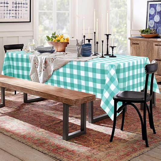 Hiasan 60 x 120 Inch Checkered Tablecloth Rectangle - Waterproof, Wrinkle Resistant and Washable Gingham Table Cloth for Outdoor Picnic, Kitchen and Holiday Dinner, Aqua and White