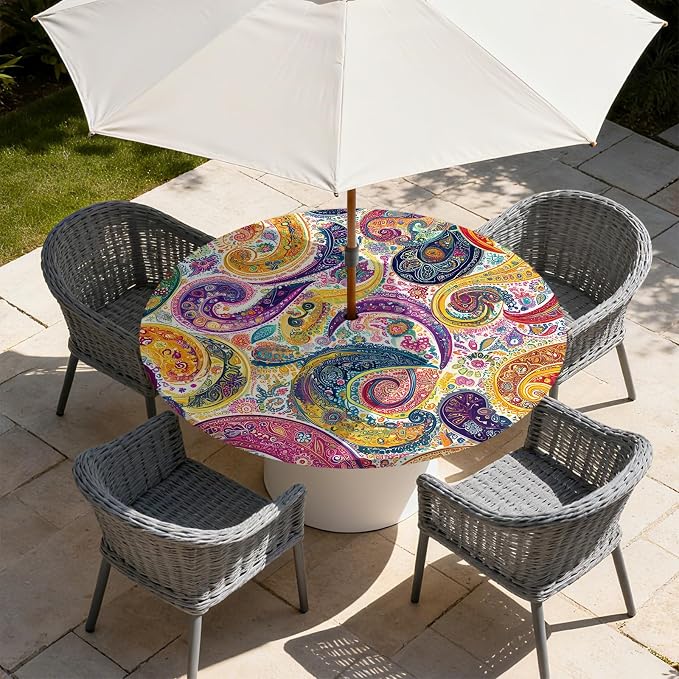 Outdoor Tablecloth with Umbrella Hole and Zipper Fits 61-65" Tables | Waterproof Round Fitted Tablecloth with Elastic Edge, Wipeable Outdoor Table Cover for Patio, Garden, Picnic