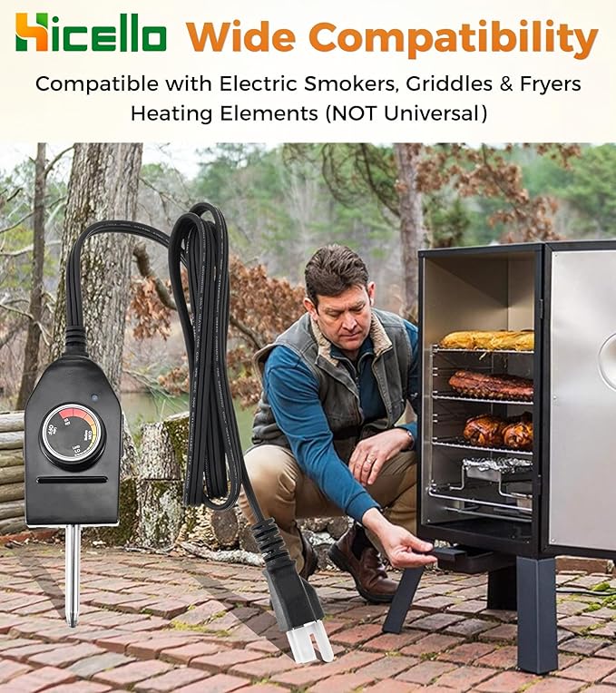 Replacement Power Cord with Adjustable Thermostat Control – 125V 15A, 50°F–450°F Temp Range, Compatible with Electric Smokers, Griddles & Fryers Heating Elements (NOT Universal)