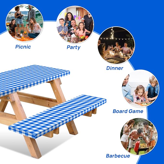 Vinyl Fitted Picnic Table Cover with Bench Covers & Blue 6ft Blue Checkered | Vinyl Fitted Picnic Table Cover with Bench Covers and Bag, Outdoor Waterproof Windproof Picnic Tablecloth with Elastic Edges.