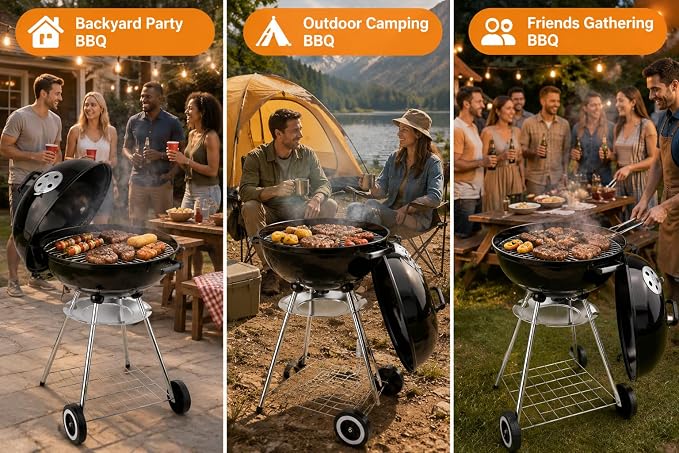 22-Inch Black Kettle Charcoal BBQ Grill: Built-in Ash Collector for Easy Cleaning, Great for Outdoor Cooking, Heavy-Duty for Backyard & Camping