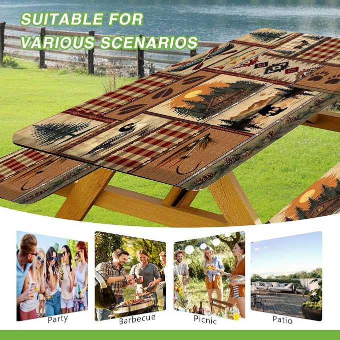 JAWO Rustic Cabin Picnic Table Cover with Bench Covers, Camping Essentials, Bear Deer Country Hunting Outdoor Table Covers, Waterproof, Fitted Tablecloth Cover with Elastic Edge, 3 PCS, 30X96 Inch