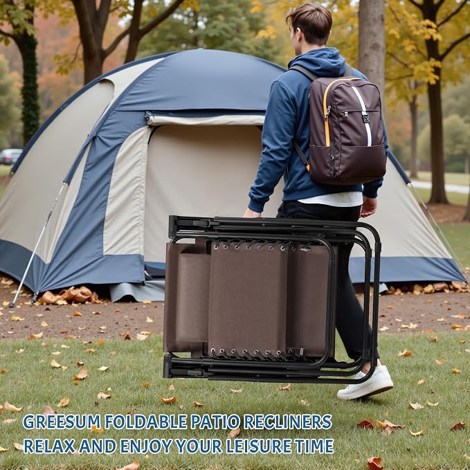 Greesum Zero Gravity Chairs Set of 2 Adjustable Steel Mesh Recliners Beach Deck Lawn Camping Patio Foldable Lounge Chair with Cup Holder Trays and Pillows,Brown