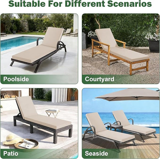 Chaise Lounge Cushions Outdoor, 72x 21x 3 Inch Waterproof & Fade-Resistant Lounge Chair Cushion, Outdoor Chaise Cushion with Removable Cover & Ties for Lawn, Patio, Pool & Beach, Beige
