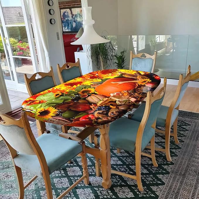 Thanksgiving Oval Fitted Tablecloths, Pumpkins with Sunflowers Pattern Print Elastic Edged Table Cover, Windproof Cloths for Indoor Outdoor Dining Decor, Fits to 54x76 in Table, Orange