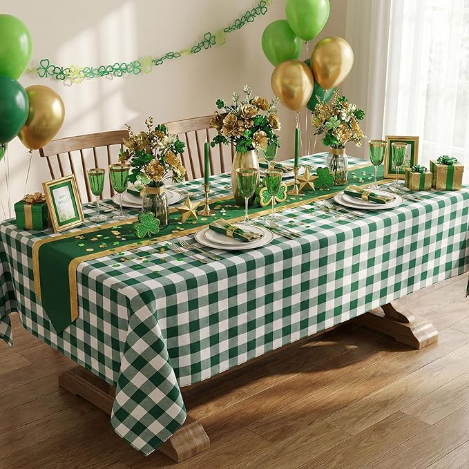 B-COOL Green Plaid Tablecloth Easter Checkered Tablecloth Fabric Green and White Gingham Flag Table Cover for Parties, Valentines, Race Car Birthday Party, Birthday, Outdoor Picnic, 56x84inch