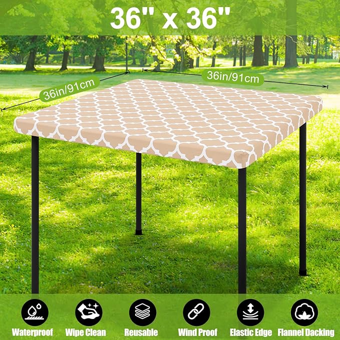Smiry Picnic Fitted Table Cover, Square Flannel Backed Vinyl Tablecloth | Waterproof Elastic Stretch Table Cloth, Wipeable Plastic Tablecloth for Camping, Indoor & Outdoor (Khaki, 36" x 36")