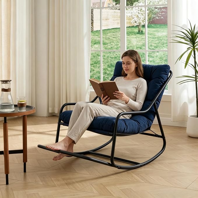 Outdoor Rocking Chairs, Metal Frame Outdoor Rocker with Footrest, Comfy Oversized Patio Chair with Thick Cushion, Reading Glider Lounge Chair for Living Room, Bedroom, Garden, Relax, Navy Blue