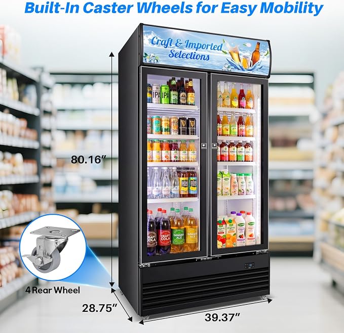 Velivi Commercial Display Beverage Fridge, 40″ Double Glass Door Refrigerator, 28.1 Cu.Ft Large Capacity with 8 Adjustable Shelves, Upright Cooler for Shop, Bar & Restaurant