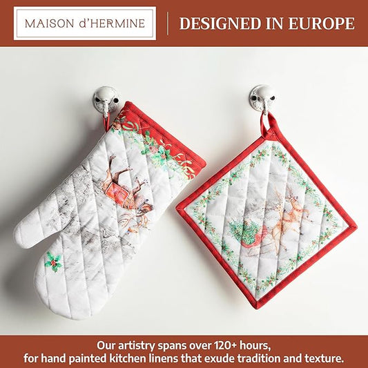Maison d' Hermine 100% Cotton Oven Mitt & Pot Holder Set (7.5"x13" & 8"x8") Heat Resistant BBQ Cooking Gloves with Loop for Thanksgiving Christmas Decorations Handling Hot Pans (Christmas Tradition)