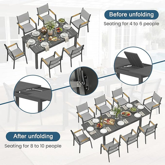 RoyalCraft Aluminum Outdoor Patio Table and Chairs Set with 91.7" L-62 L Expandable Dining Table, 9-Pieces Patio Furniture Set for 8, Outdoor Dining Set with Stackable Quick Drying Chairs, Grey