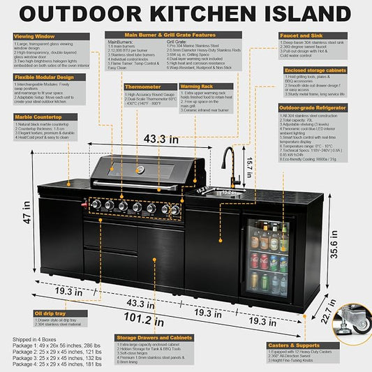 101" 6-Burner Modular Outdoor Kitchen Island, 85,000 BTU Propane Gas Grill | 6 Burners, Rear Infrared, Marble Countertop, Fridge, 360° Pull-Out Faucet, 304 Sink, Dual-Layer Warming Rack, Storage Cabinet