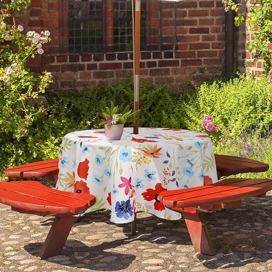 Round Outdoor Tablecloth with Umbrella Hole Umbrella Tablecloth Patio Tablecloths with Zipper for Courtyards, Terraces, and Beaches 60 in, Floral2