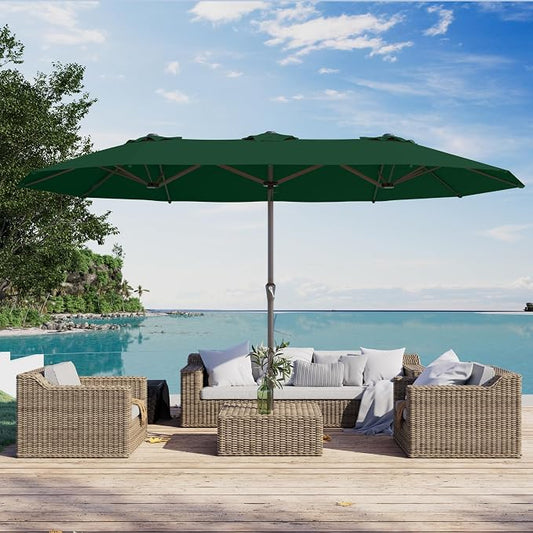 PatioKingdom 15FT Large Patio Umbrella with Base, Double Sided Rectangular Outdoor Umbrella with Sturdy Fiberglass Ribs, Market Umbrella for Pool,Garden,Backyard,Deck (Dark green, 15FT)