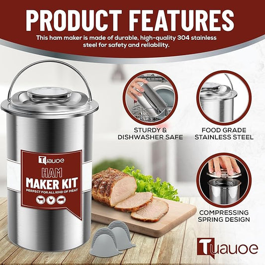 2PCS Meat Press Mold for Deli Meats, Stainless Steel Ham Press Mold with Thermometer & Silicone Kitchen Mittens, Lunch Meat Press Maker for Making Homemade Healthy Deli Seafood Poultry Patty