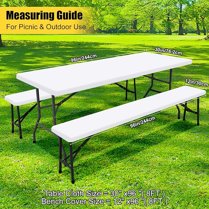 Smiry Picnic Table Cover with Bench Covers, Waterproof Elastic Fitted Polyester Tablecloths for 8 Ft Rectangle Tables, Washable Windproof Tablecloth for Camping, RV & Outdoor (White, 30x96 Inches)