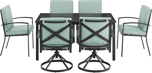 Crosley Furniture Kaplan 7-Piece Outdoor Dining Set for 6, Patio Table and Chairs for Backyard, Deck, Oiled Bronze with Mist Cushions