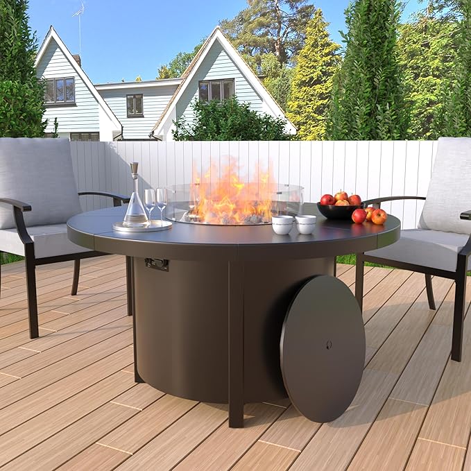 48" Round Propane Fire Pit Table,55000 BTU Round Firepit,Outdoor Fire Pit with Fire Glass,Lid,Waterproof Cover and Blue Glass Stone for Backyard,Garden,Patio
