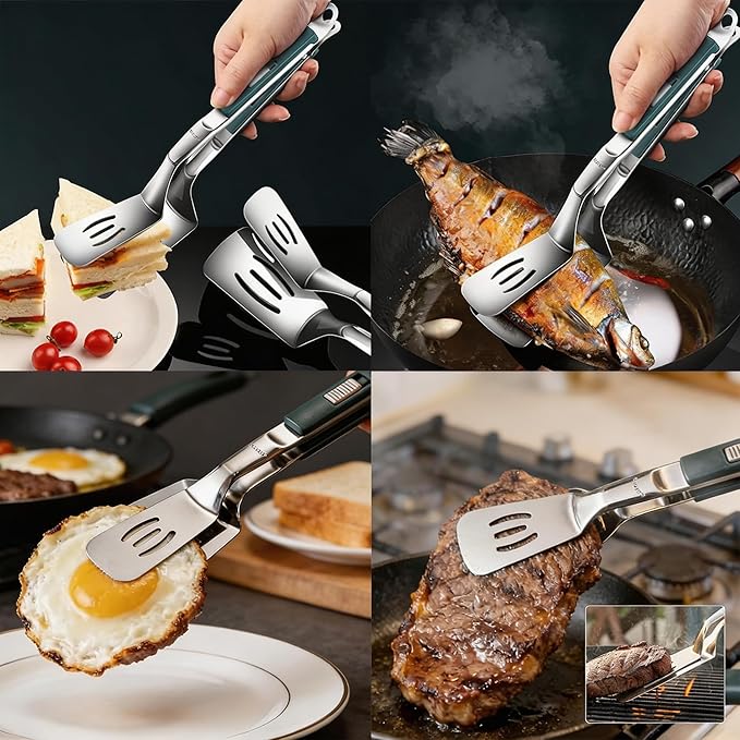 2 Pcs Spatula Tongs, 2026 Upgraded 2-in-1 Stainless Steel Grill Clamp Spatula,Heavy Duty Cooking Tongs with Anti-Scald Locking Handle, 304 Food-Grade Double Spatula for BBQ, Frying, Camping