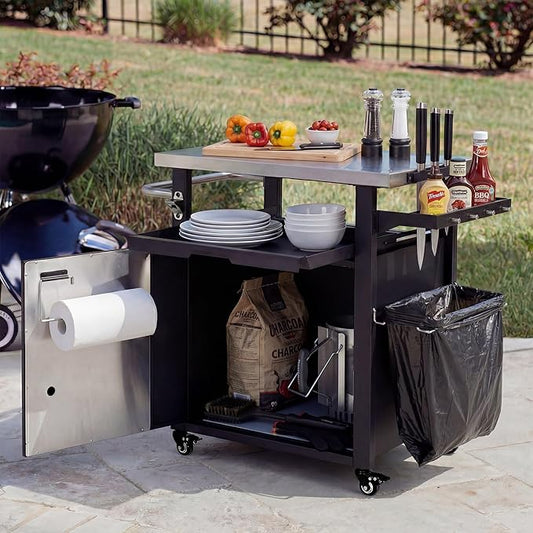 39.5 Inch Outdoor Bar Cart and Grill Prep Table, Rolling Stainless Steel Top Kitchen Island with Large Storage Cabinet, Mobile BBQ Station with Spice & Paper Towel Rack