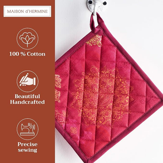 Maison d' Hermine Pot Holders 100% Cotton Potholders (8" x 8", Pack of 2) | Heat Resistant Hot Pads with Loop BBQ Cooking Baking Hotel Kitchen Handling Hot Pans Thanksgiving Christmas - Versailles